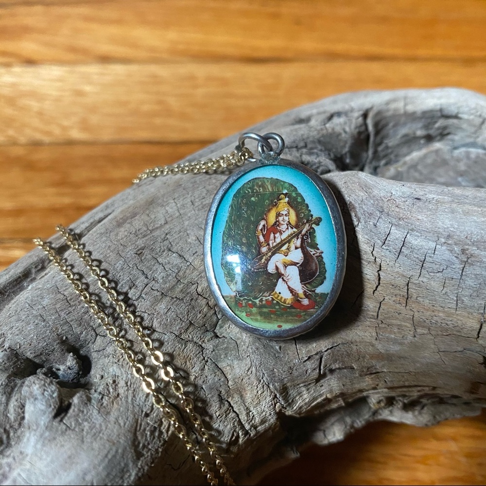Sarasvati Hindu Goddess Necklace, Fair Trade Global Goods, Silver Color